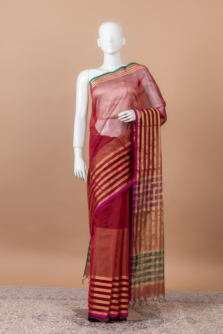 Meghdoot Maheswari with gold box stripes – Maroon