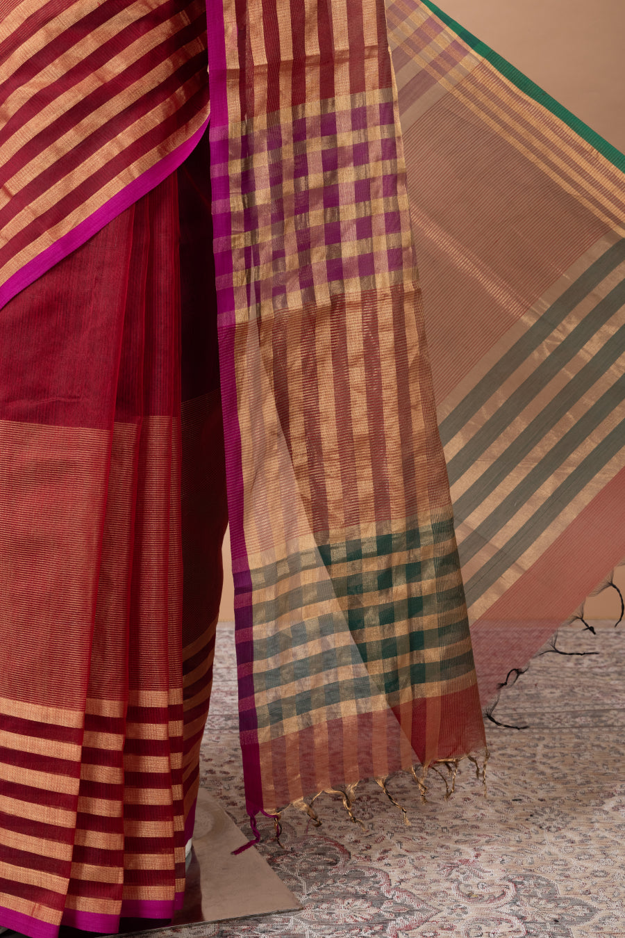 Meghdoot Maheswari with gold box stripes – Maroon