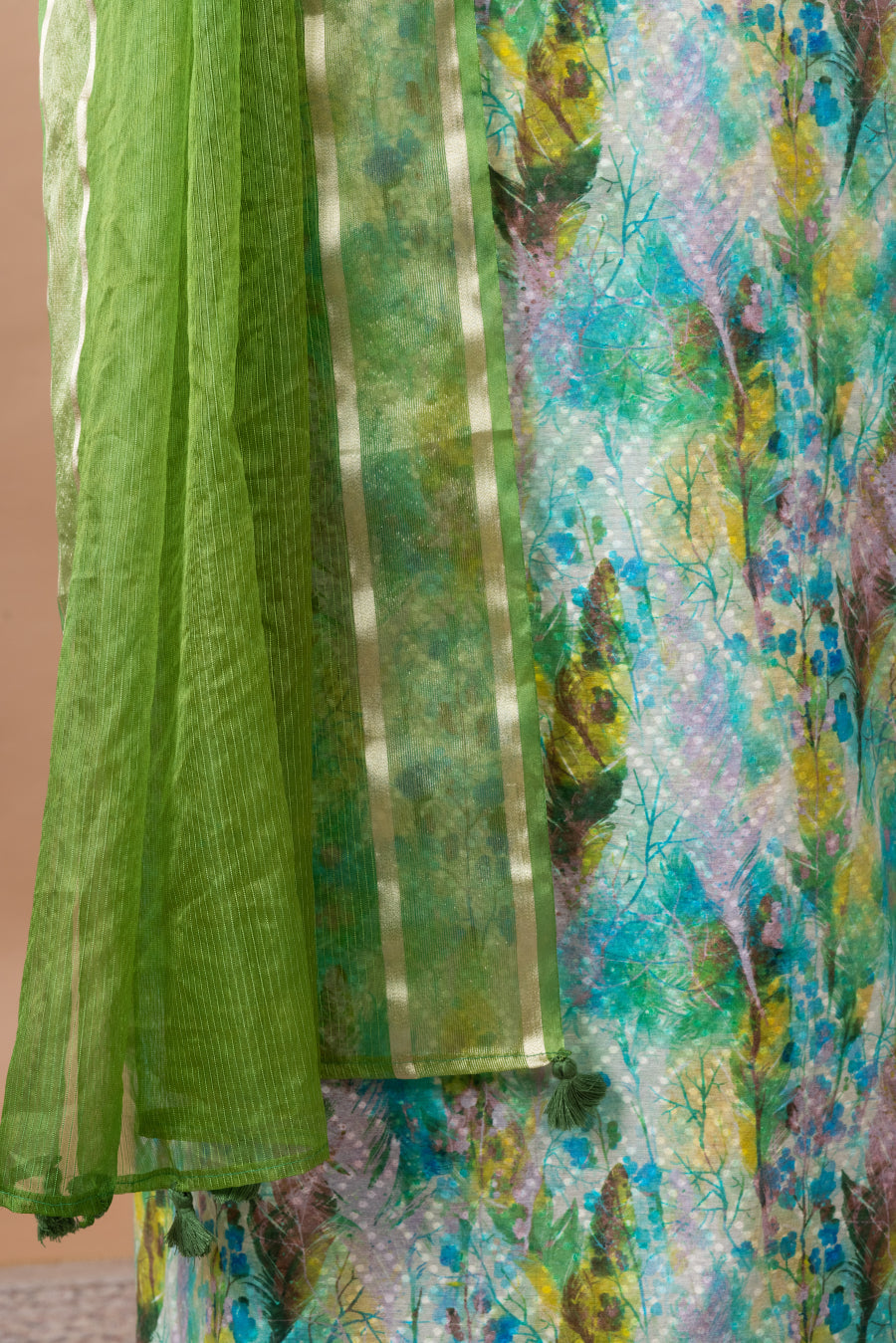 Kumud Printed Chanderi Suit with woven chanderi duppatta & plain bottom – Green