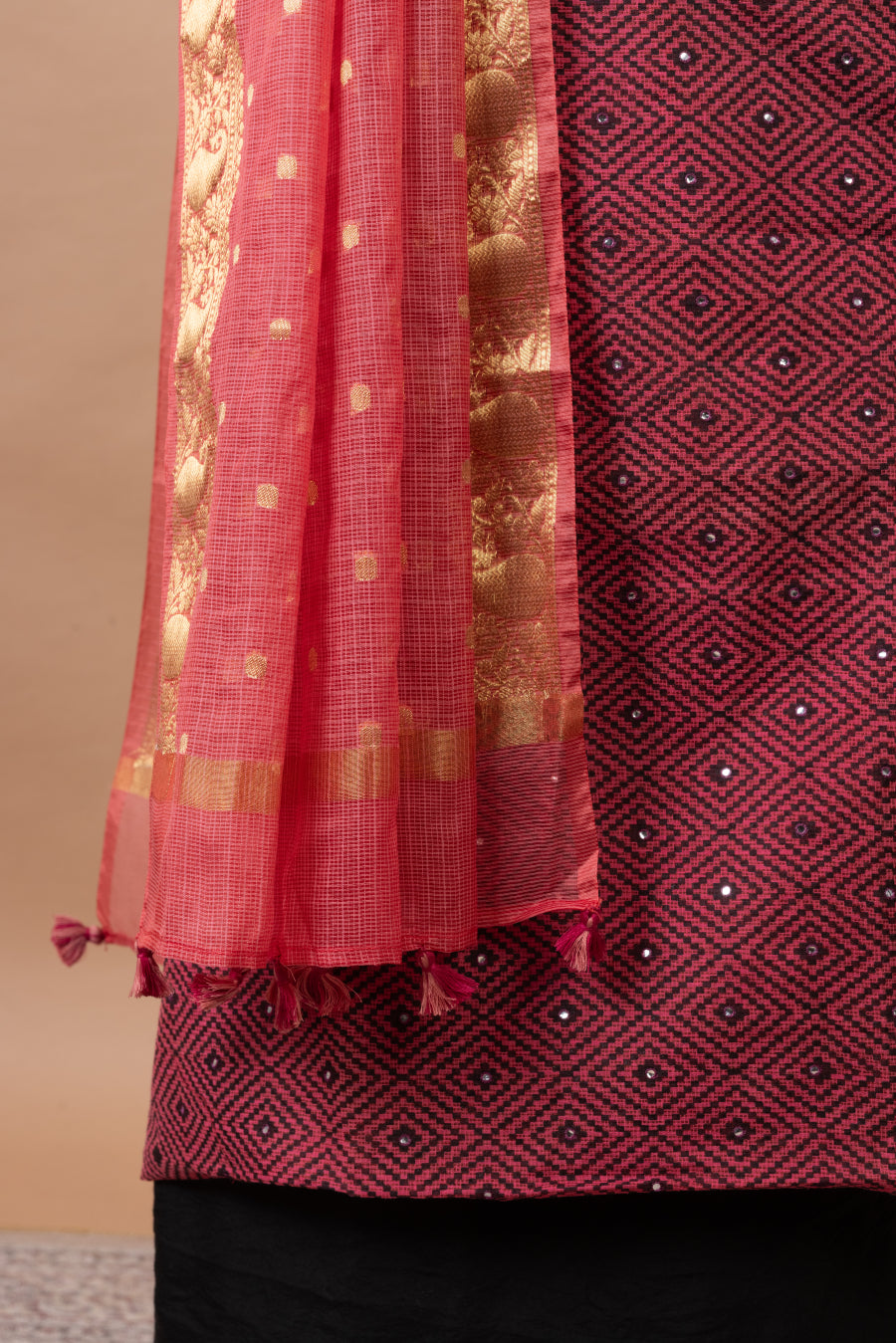 Vasanti Woven Chanderi Suit with chanderi duppatta & cotton bottom – Maroon
