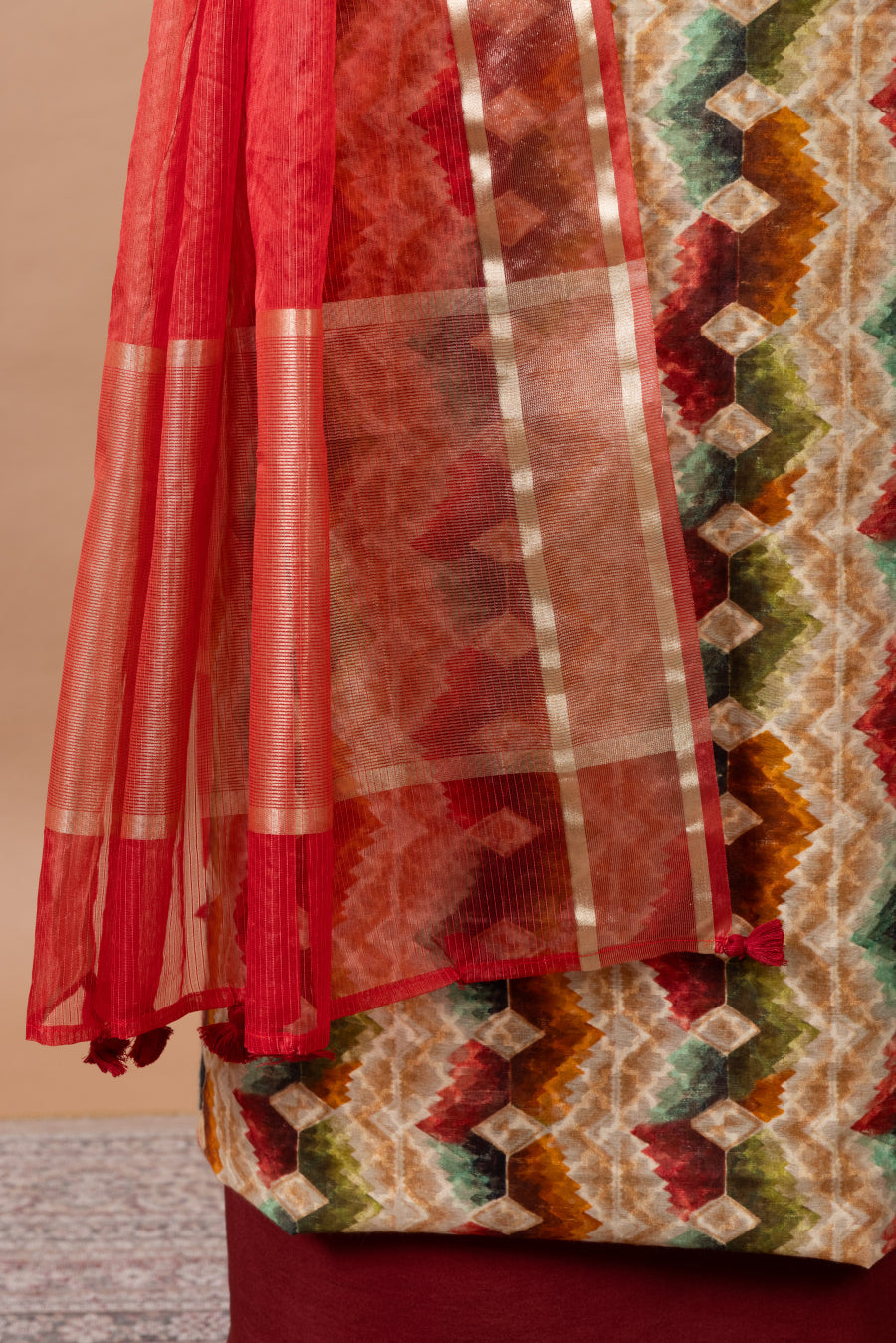 Rangrez Printed Chanderi Suit with chanderi duppatta & plain bottom