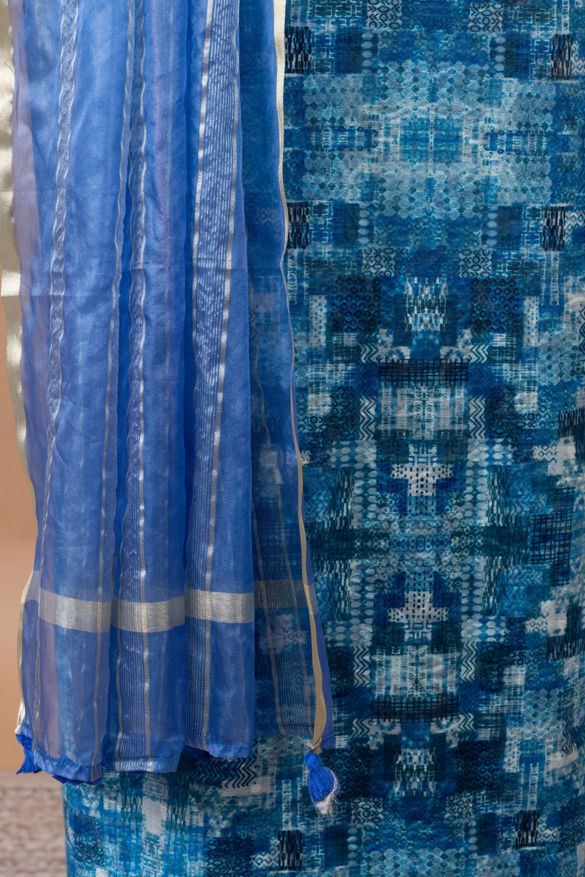 Tarang Printed Chanderi Suit with woven chanderi duppatta & plain bottom – Blue