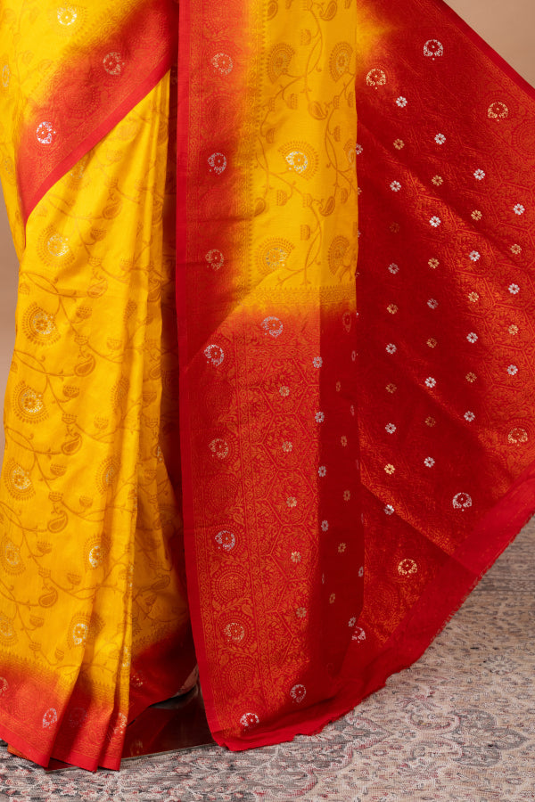 Vasanti Banarasi Chanderi Silk Saree – MUSTARD/BLUE
